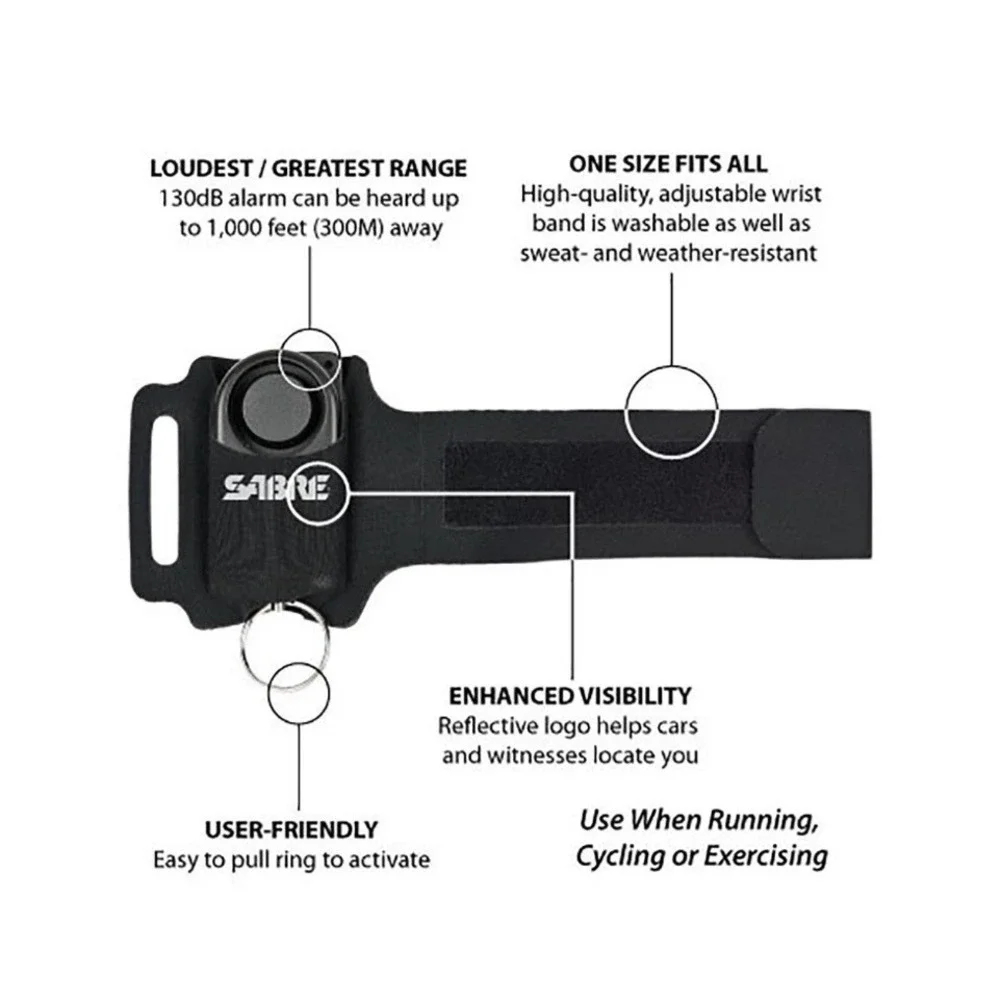 Sabre Weatherproof Runner Personal Alarm 130dB With Reflective Logo Wrist Strap